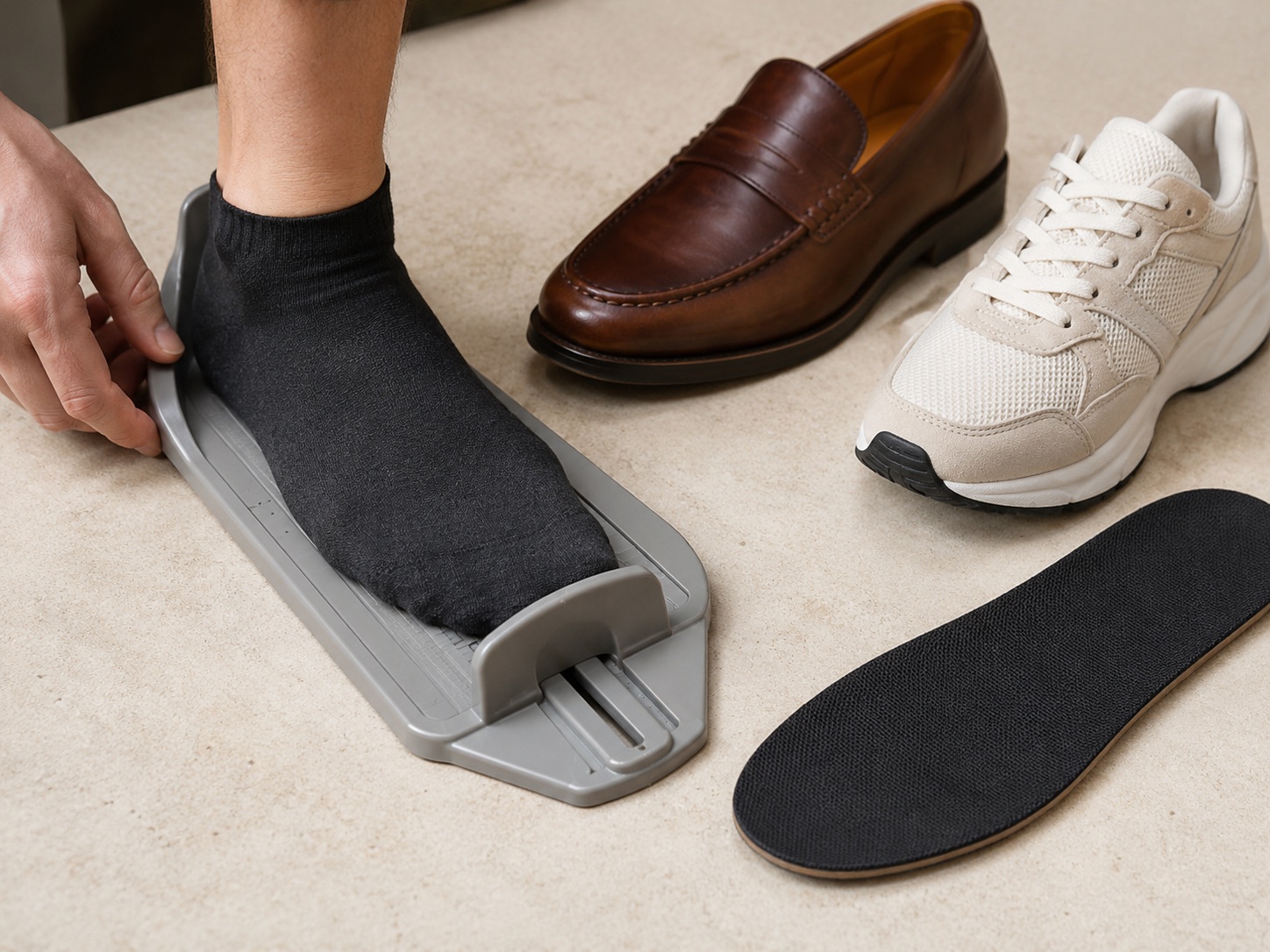 Hands checking UK shoe size and footbed length