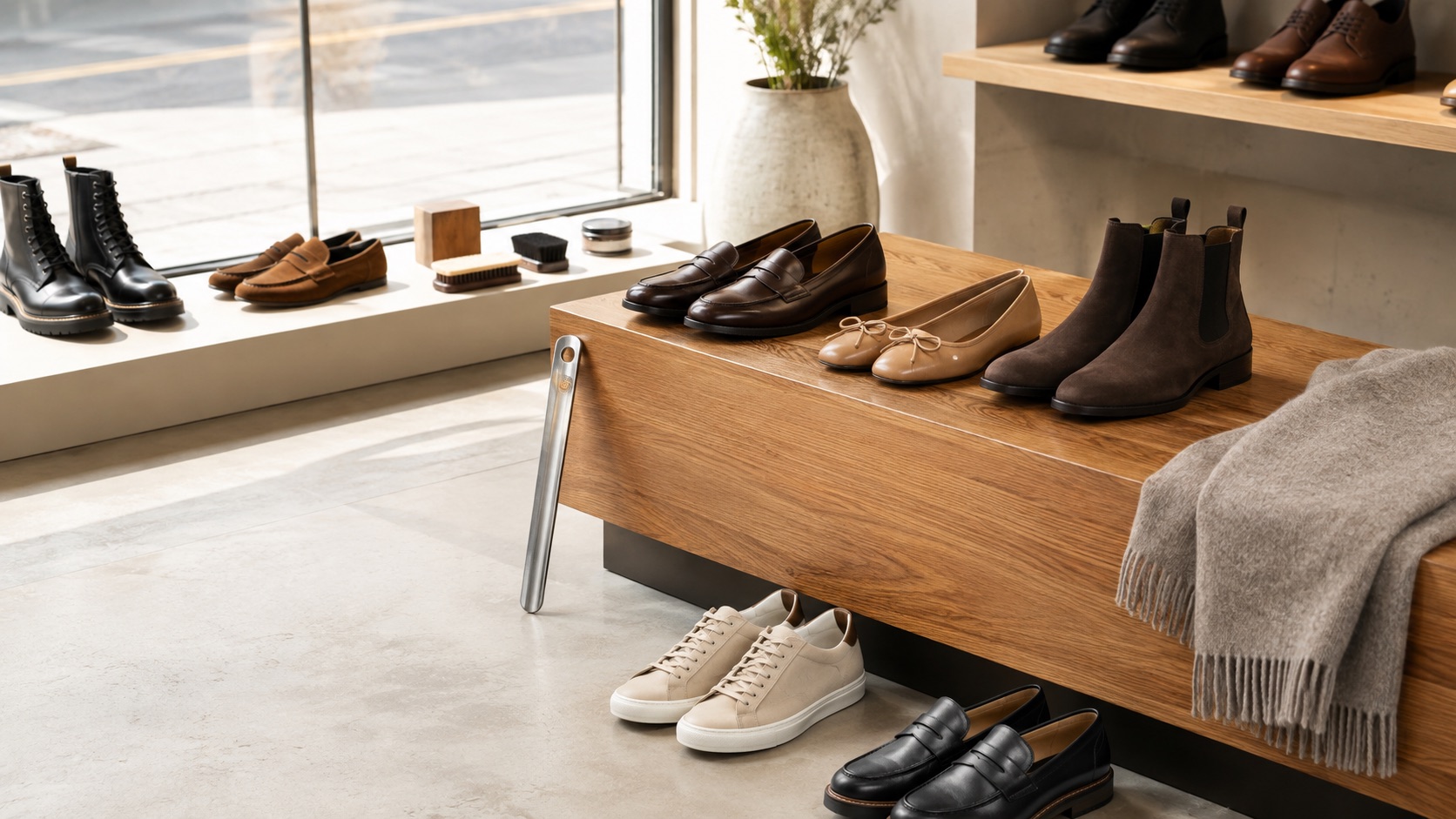 WOODLAND shoes displayed on a pale shoe-store plinth