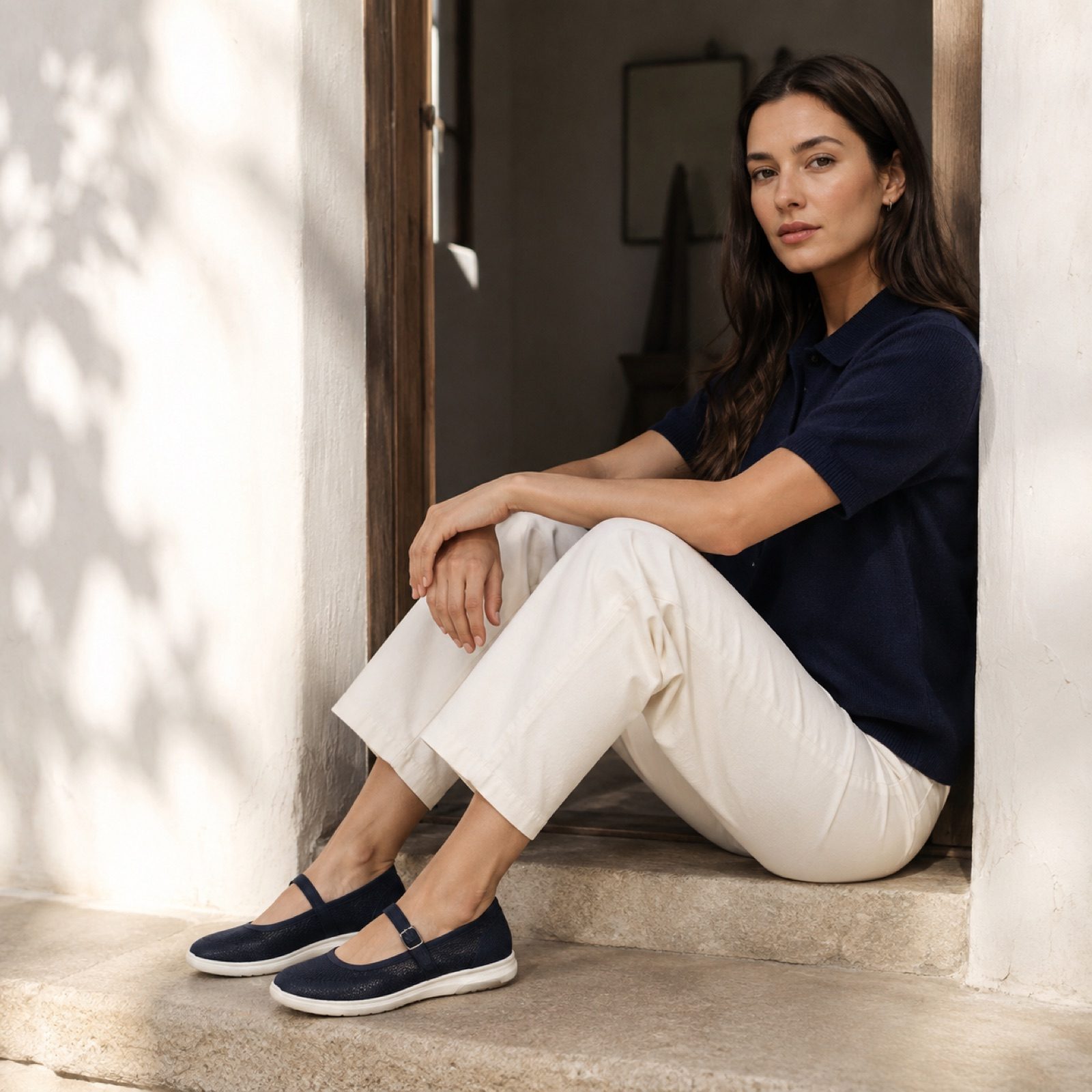 Aster lace and cloth care pack — Shoe Care by WOODLAND. worn by a model, side view.