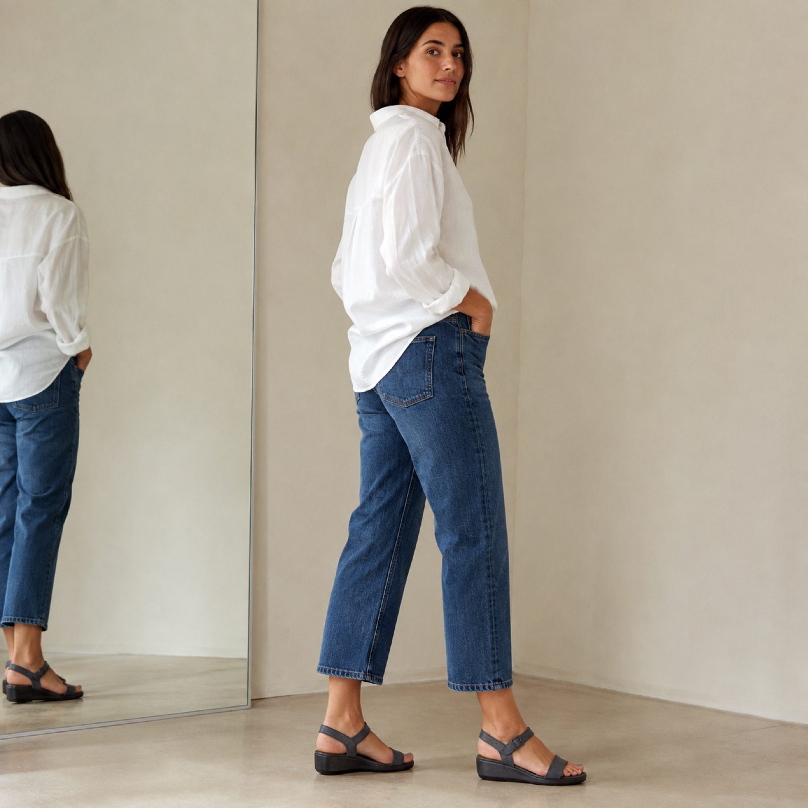 Tide low wedge sandal — Sandals by WOODLAND. worn by a model, side view.