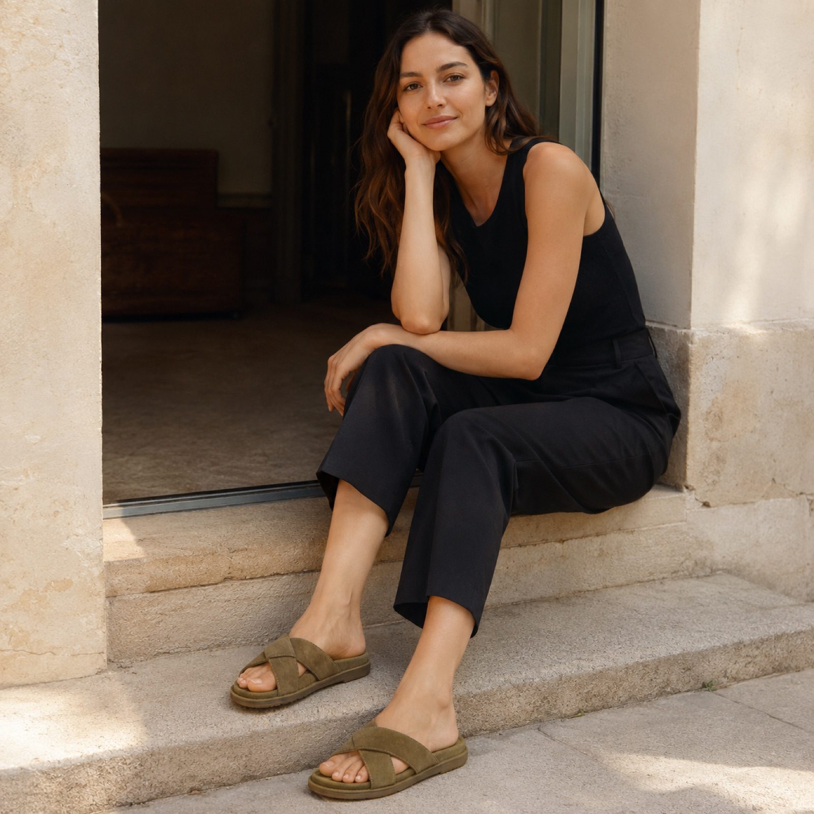Marlo woven slide — Sandals by WOODLAND. worn by a model.