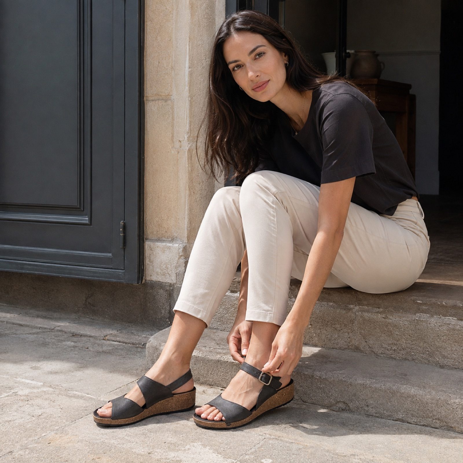 Cliff low wedge sandal — Sandals by WOODLAND. worn by a model.