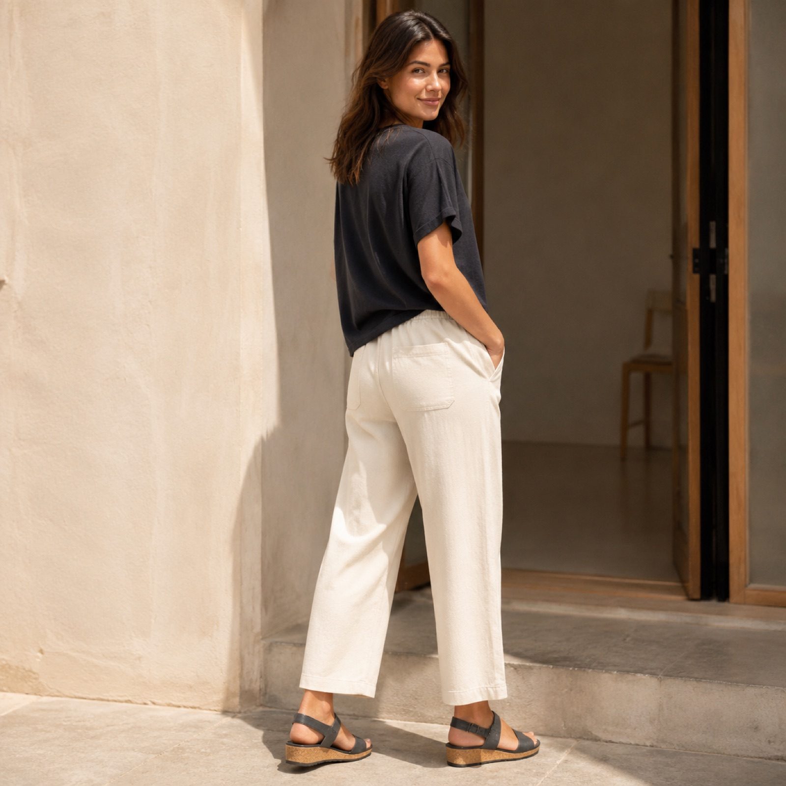 Cliff low wedge sandal — Sandals by WOODLAND. worn by a model, side view.