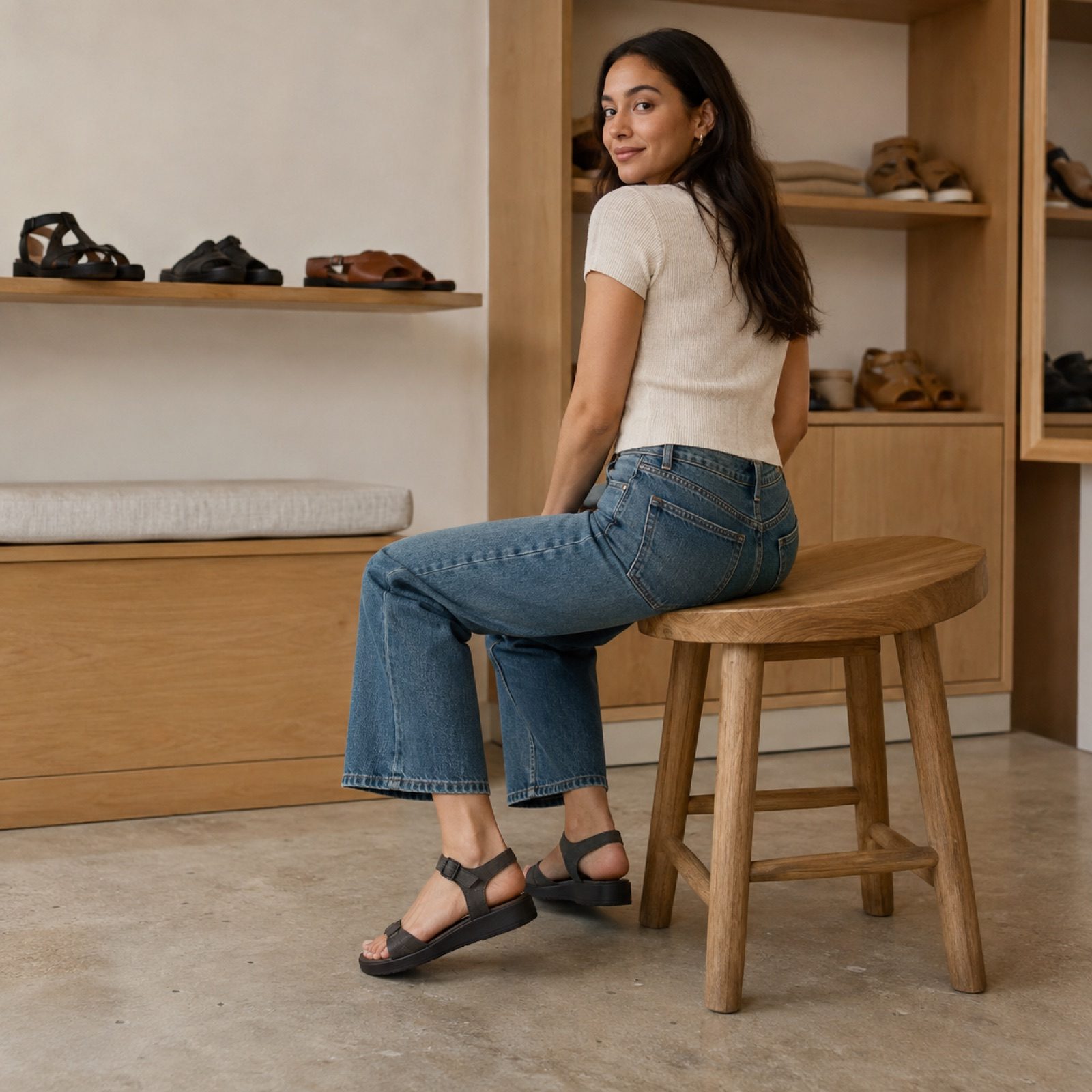 Marlow soft ankle strap sandal — Sandals by WOODLAND. worn by a model, side view.