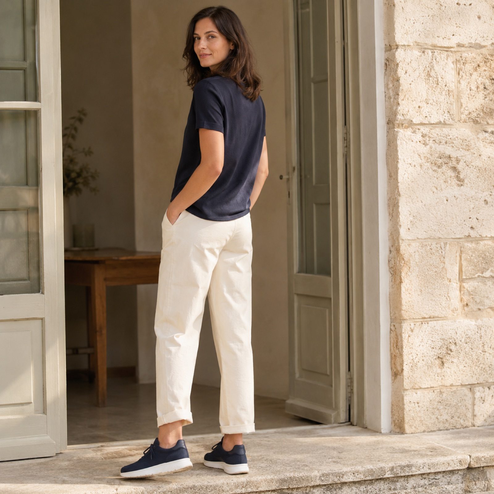 Vale canvas lace trainer — Trainers by WOODLAND. worn by a model, side view.